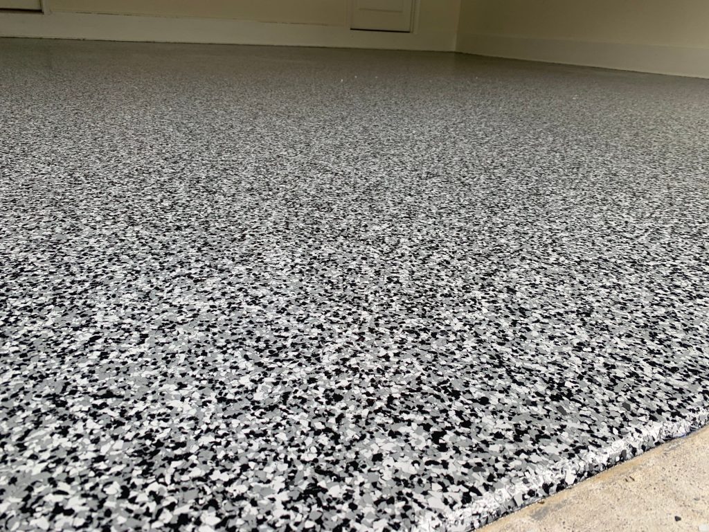 Black and white epoxy flake garage floor Guilderland Utica, NY