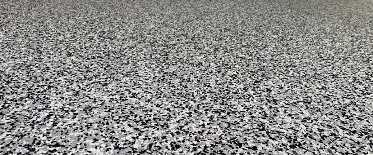 Black and white epoxy flake garage floor Guilderland Utica, NY
